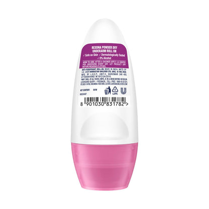 Rexona Powder Dry Underarm Roll On Deodorant For Women, Antiperspirant, Removes Odour, Keeps Skin Fresh & Clean, Alcohol Free, Skin Friendly, 50 ml