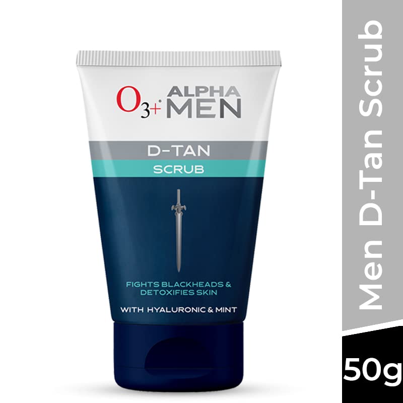 O3+ ALPHA MEN Acno D-TAN Scrub With Hyaluronic & Mint 50g - Detan Scrub for TAN removal | Fights Blackheads & Detoxifies Skin