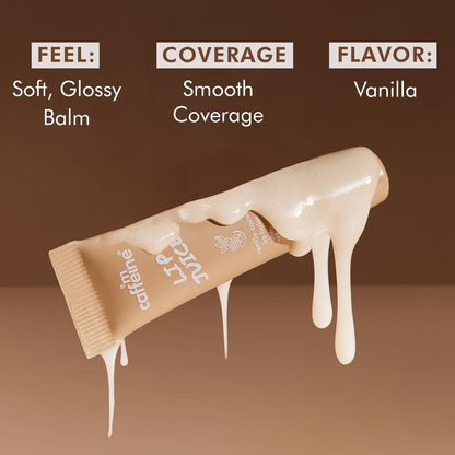 Vanilla-flavored lip balm with text describing feel, coverage, and flavor on a brown background