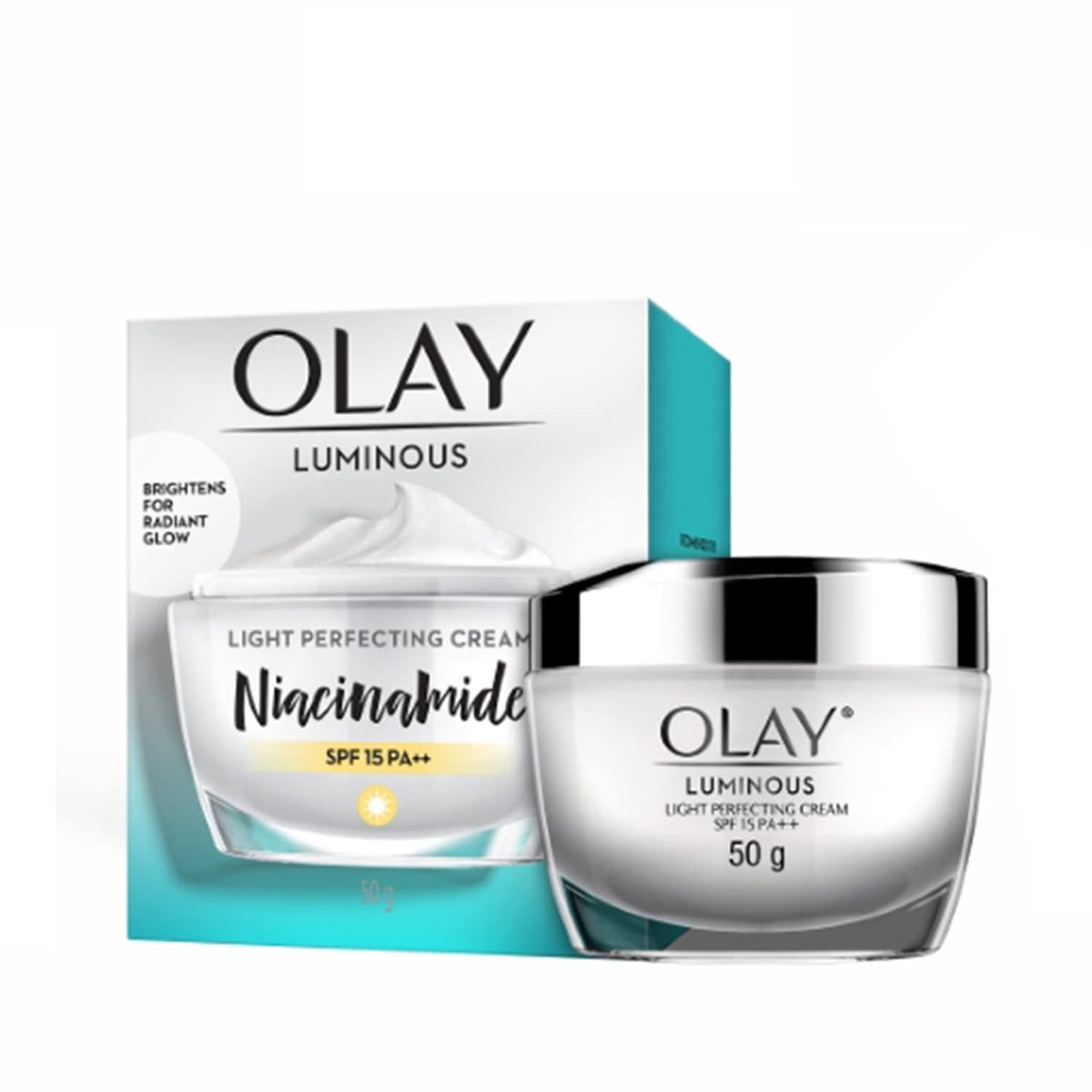 Olay Luminous light perfecting cream jar and packaging on a white background