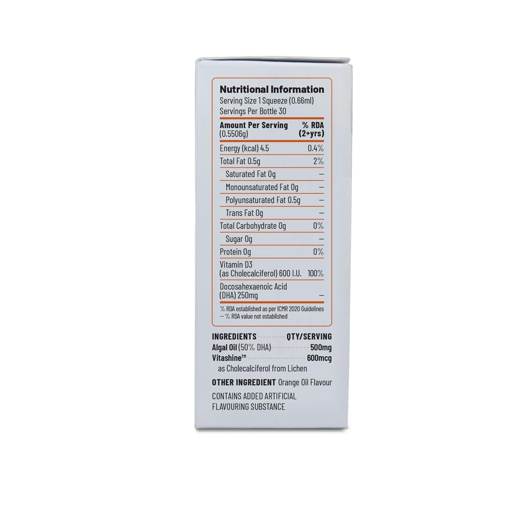 Zephivo Unived Ovegha D3 Kids, Vegan Algae Omega-3 DHA with Plant-Based Vitamin D3, 250mg DHA & 600 I.U. D3, Liquid Dropper, Natural Orange Flavour, 30 servings
