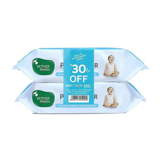 Mother Sparsh 99% Pure Water (Unscented) Baby Wipes with Lid I Natural Plant made cloth - Super thick Wet Wipes I 72 pcs/pack - Pack of 2 (Super Saver Pack)