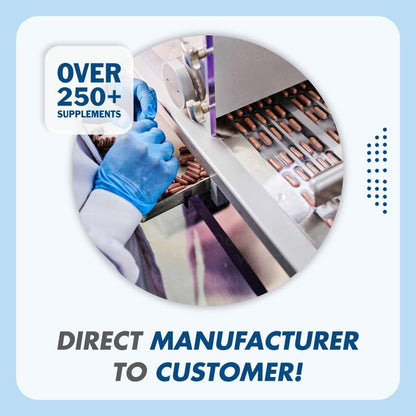 Person wearing blue gloves operating a machine with text about supplements and direct manufacturing.