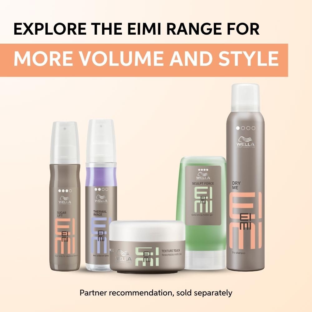 Collection of Eimi hair care products with text promoting the range for volume and style on a beige background.