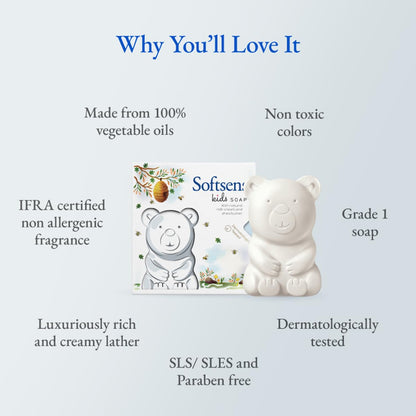 Softsens Kids Soap Teddy 75g | Gentle Nourishing Care with Shea Butter & Natural Milk Cream, Dermatologist Tested Baby Soap, Moisturizing Animal Shape Bar Soap For Toddlers & Kids 2-10 Years