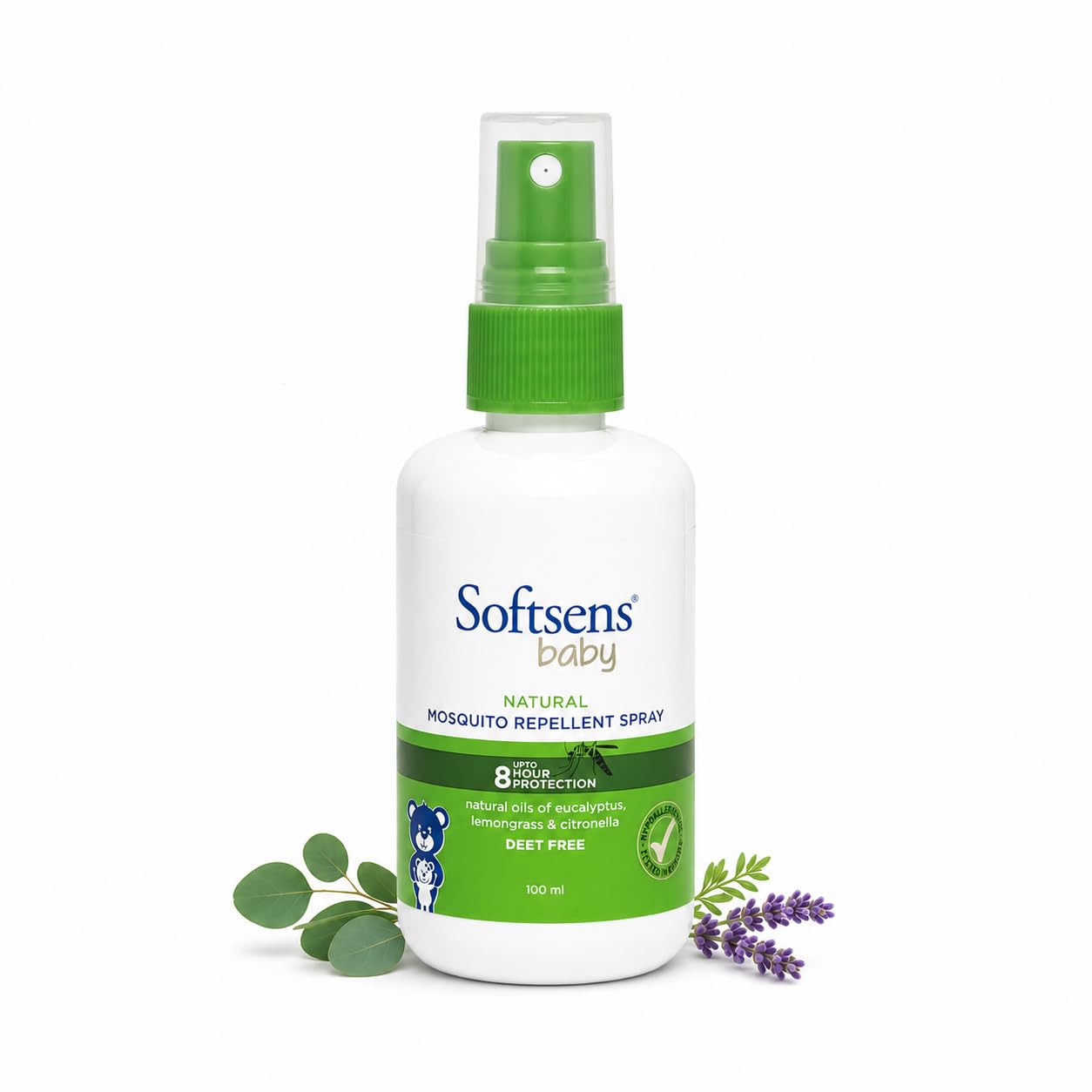 Softsens Baby Mosquito Repellent Spray 100ml – Natural Plant-Based Formula for up to 8-Hour Shield | DEET-Free & Non-Toxic Insect Repellent for Babies & Kids | Gentle on Sensitive Skin | Easy Spray Application & Travel-Friendly