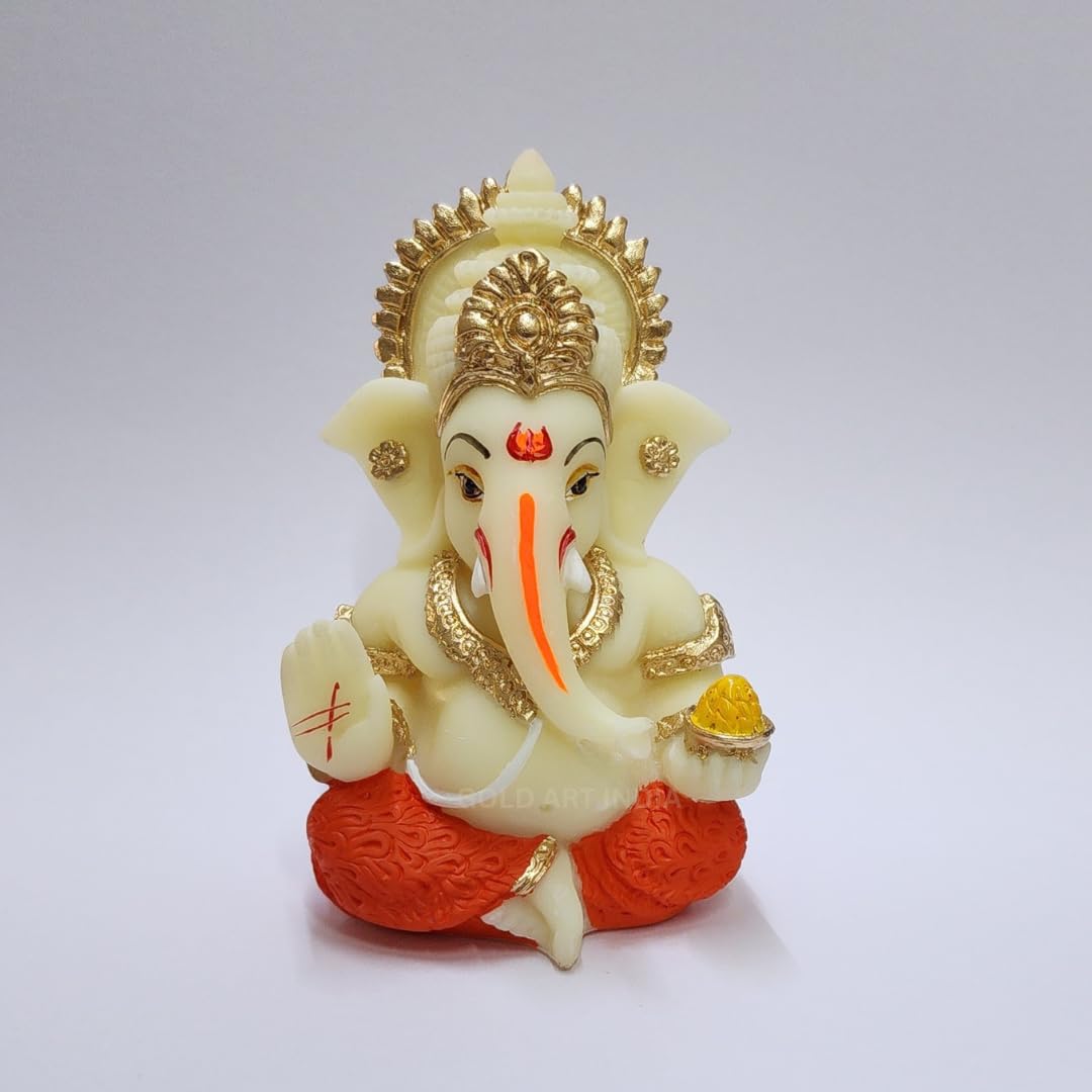 Gold Art India Resin Lord Ganesha Idol for Car Dashboard, Home, Office | Ganpati Statue for Mandir Decor | Handcrafted Ganesh Murti (Red & Ivory)
