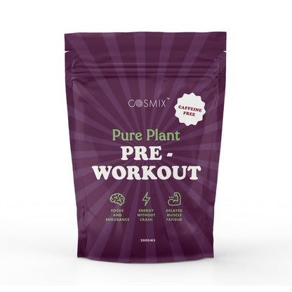 Cosmix Pure Plant Pre-Workout | Caffeine-Free Energy&Endurance | Muscle Recovery | 60g (50 Servings) | Beetroot Nitrates & Coconut Mcts | No Preservatives/Added Sugar | Plant Based | 200g Pack, Powder