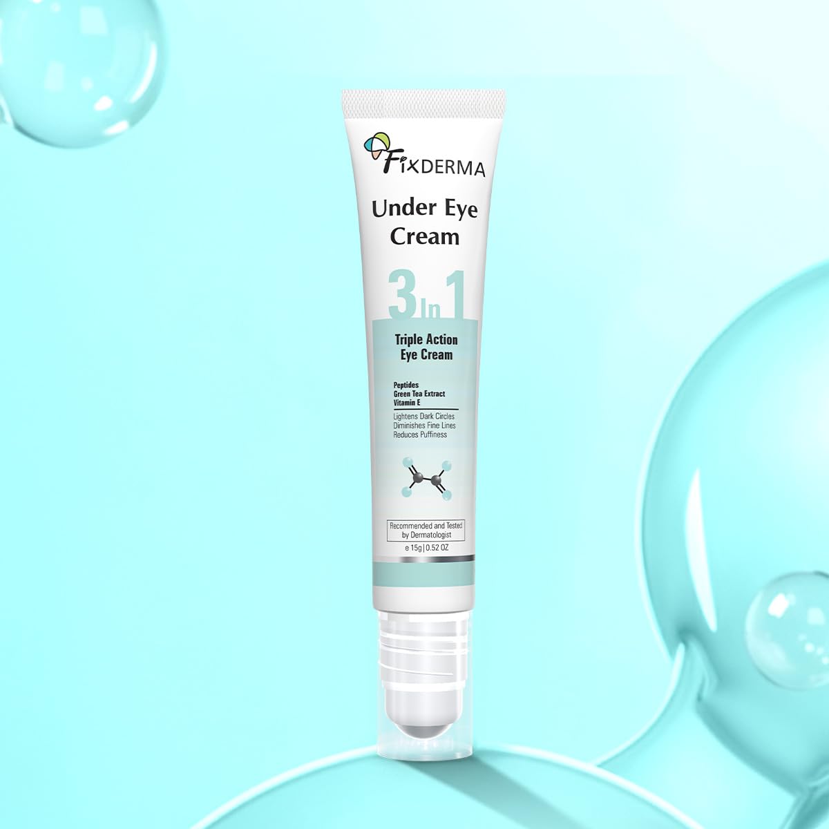 Fixderma Under Eye Cream Roll on with Peptides, Green Tea Extract & Vitamin E | Reduces Dark Circles, Puffiness, Wrinkles & Fine Lines | Triple Action | for Men & Women | 15g
