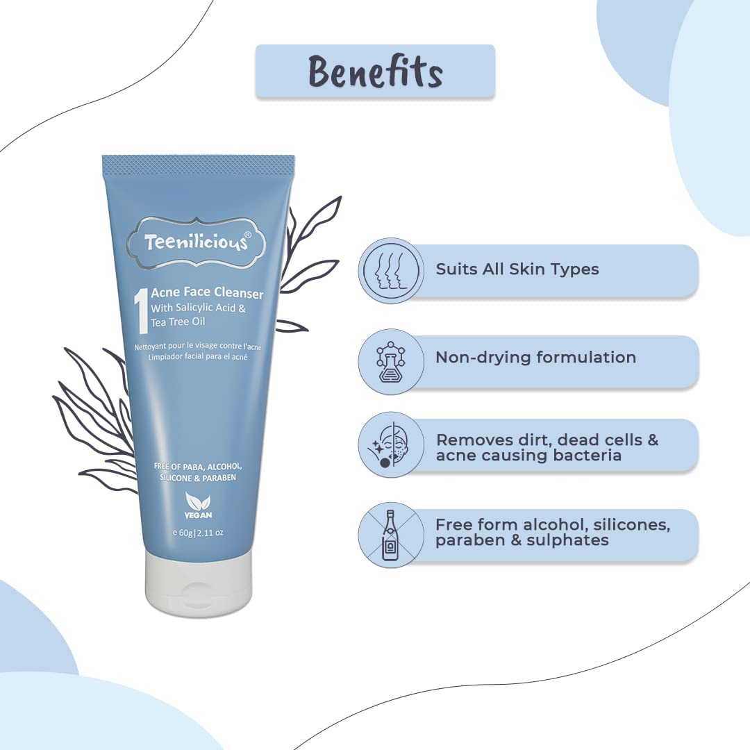 Teenilicious Acne Face Cleanser With 1.5% Salicylic Acid & Tea Tree Oil | Acne Face Cleanser For Men & Women | Face Cleanser For Blackheads & Whiteheads | For Oily Skin To Clear Skin Pores - 60gm
