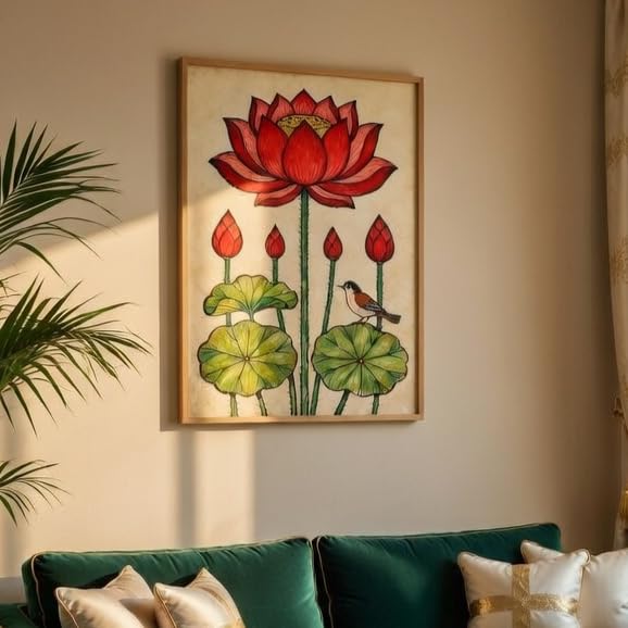Traditional Lotus Flower Wall Painting with Wooden Frame | Botanical Lotus Artwork HD UV Laminated MDF Wall Decor | Indian Lotus Art Wall Decor for Living Room Bedroom Home 13.5 Inch x 19.5 Inch