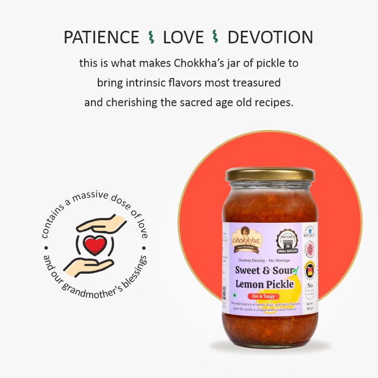 Chokkha Distinctly Different and Delicious Sweet & Sour Lemon Chutney | All in 1 Flavor - Sweet, Sour, Tangy, Spicy | Made with Juiciest Lemons | Traditional Family Recipe | Good for Traveling | No Vinegar, Colors or Additives | 100% Oil-Free | 400 Gm