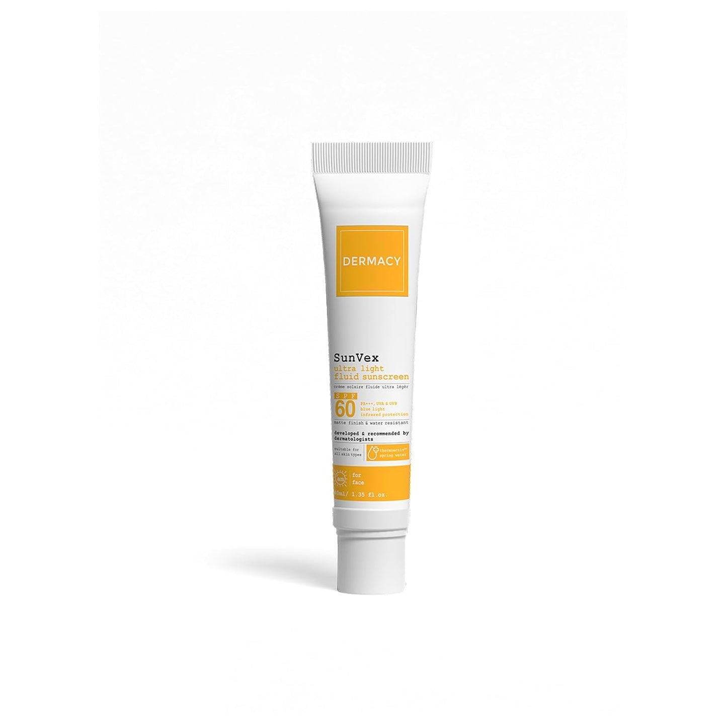 Dermacy Sunvex | Ultra Light Fluid Sunscreen | SPF 60 PA+++ | Non Greasy Sun Protection | Suitable For All Skin Types | 40ml