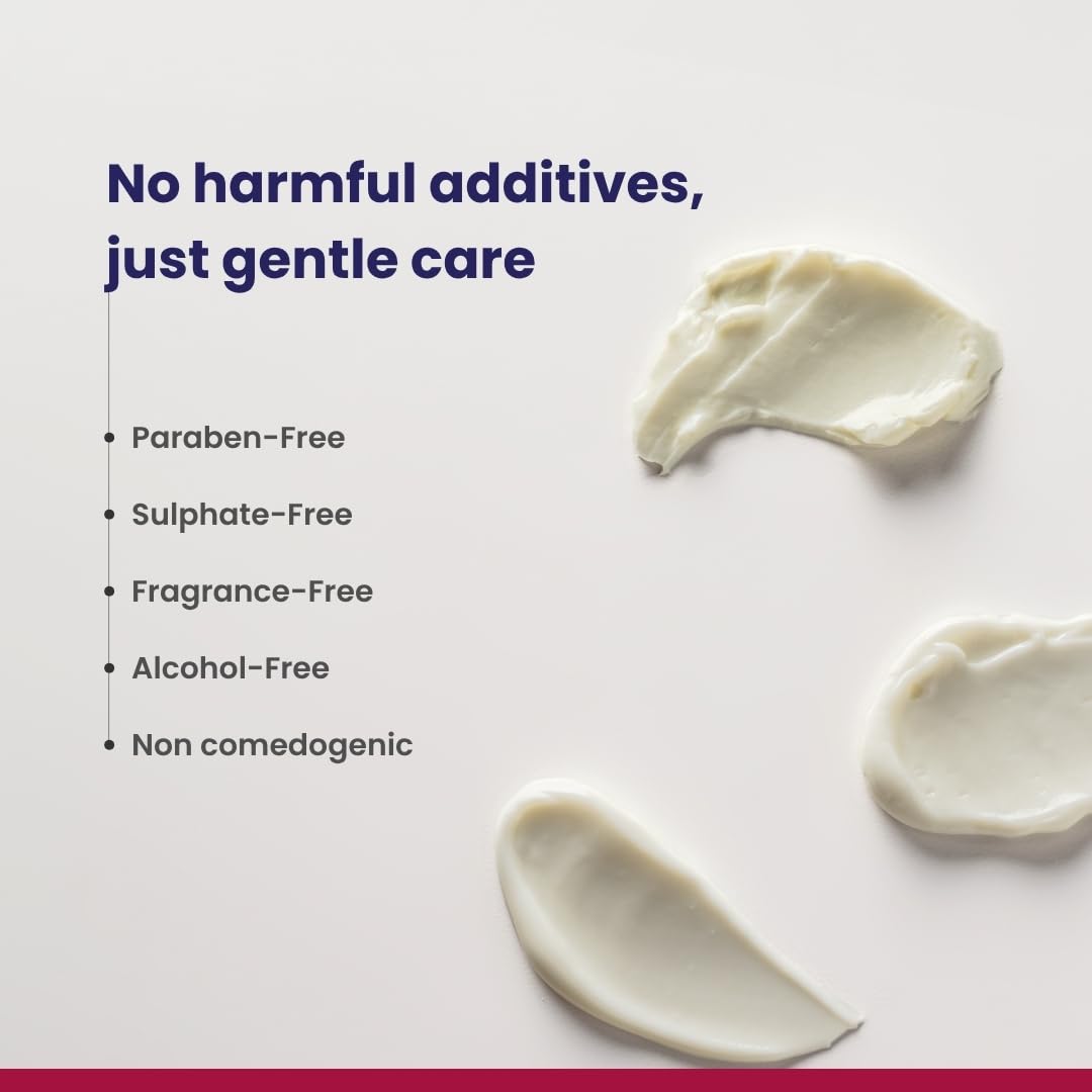 Product with text highlighting 'No harmful additives, just gentle care' on a white background