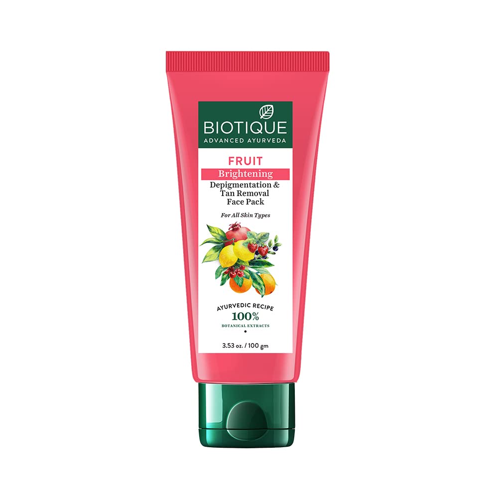 Biotique Fruit Brightening face pack tube on a white background