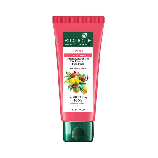 Biotique Fruit Brightening face pack tube on a white background