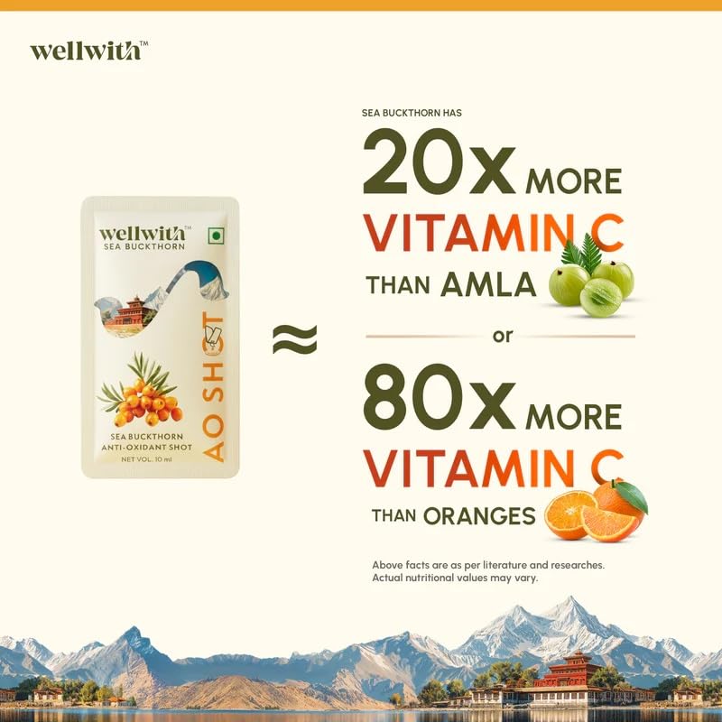 Wellwith Sea Buckthorn Berry AO Shots (150ml,15 Sachet), Pack of 1| Daily Antioxidant & Vitamin C Drink | Supports Immunity, Skin Glow & Energy