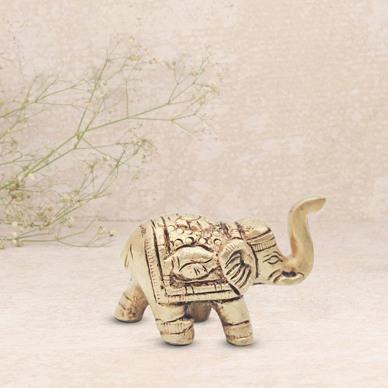 Brass Animal Elephant Sculpture Statue Handcrafted Decorative Showpiece Idol for Home, Office Dcor (Height : 4cm Length | Weight : 123gm Approxe)
