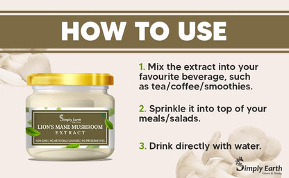 Simply Earth Lion's Mane Mushroom Extract Powder 10:1, (20% Polysaccharides) Improves Memory, Focus and Clarity | 50gm…