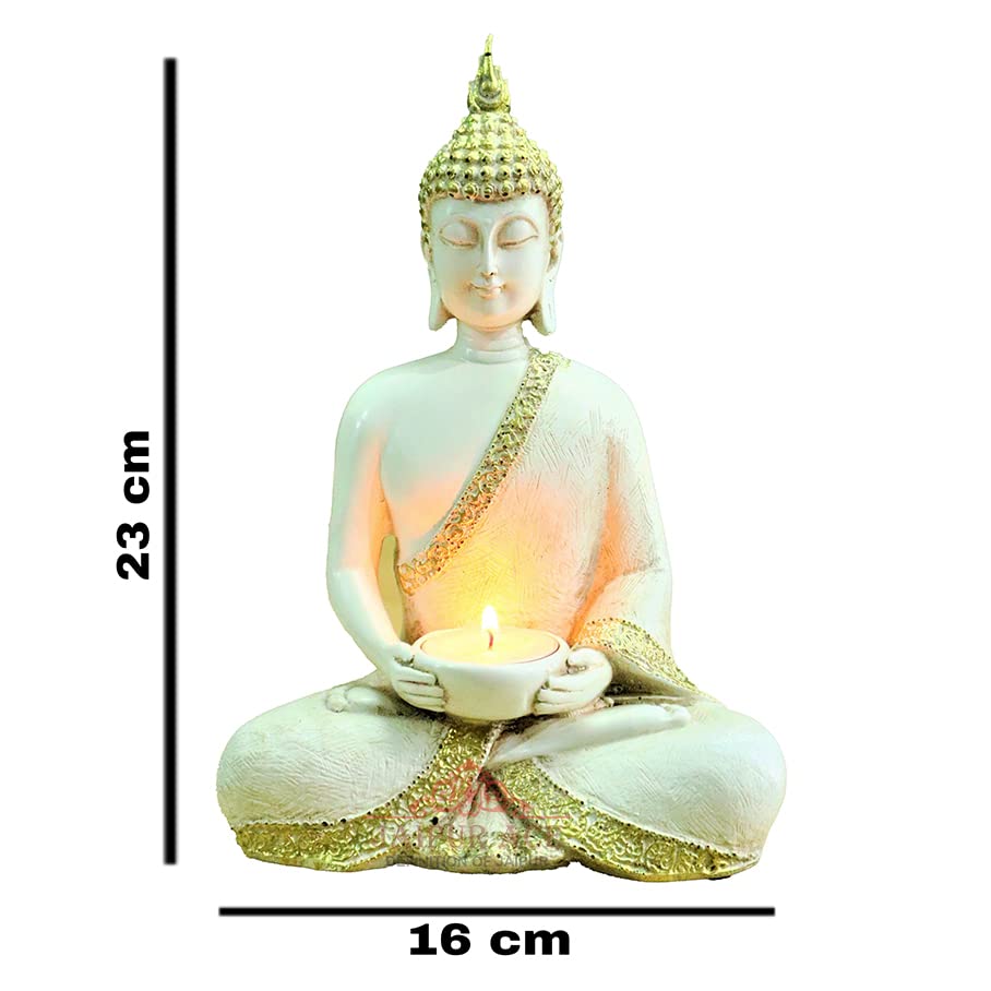 Buddha Sitting with Tea Light in Hand Polyresin Idol - Perfect for Living Room, Bedroom and Office Space Home Decor Staircase Wall Decoration Gifting (Buddha with Tea Light)