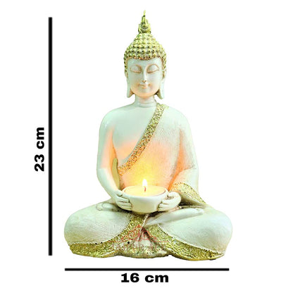 Buddha Sitting with Tea Light in Hand Polyresin Idol - Perfect for Living Room, Bedroom and Office Space Home Decor Staircase Wall Decoration Gifting (Buddha with Tea Light)
