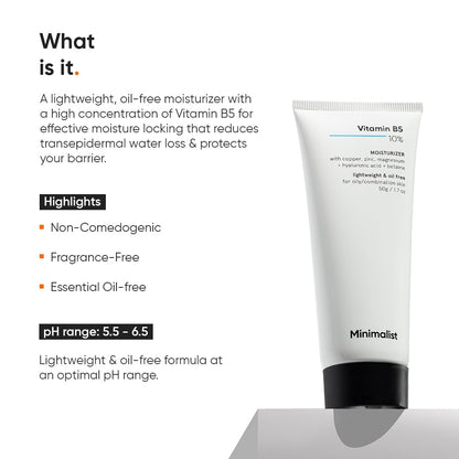 Minimalist Dehydrated Skin Moisturizer with 10% Vitamin B5 for Oily & Acne-Prone Skin | Oil-Free Hydration & Lightweight Gel Formula for Damaged Barrier Repair | Fast-Absorbing & Non-Sticky Lightweight Winter Cream | 50 grams