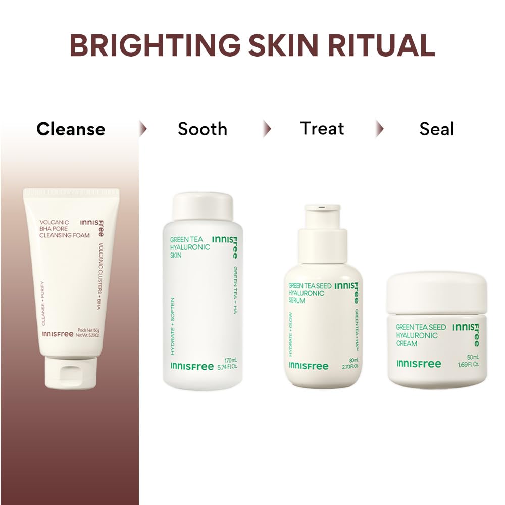 Innisfree skincare products with 'Brightening Skin Ritual' text on a white background
