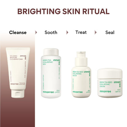 Innisfree skincare products with 'Brightening Skin Ritual' text on a white background