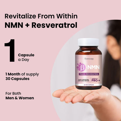 ZEROHARM NMN + Trans-Resveratrol 500 mg | High-Purity 99.5% NMN | Supports Healthy Aging, Cellular Energy, NAD+ Levels, Skin Health, Joint Support, Antioxidant | For Men & Women - 30 Veg Capsules