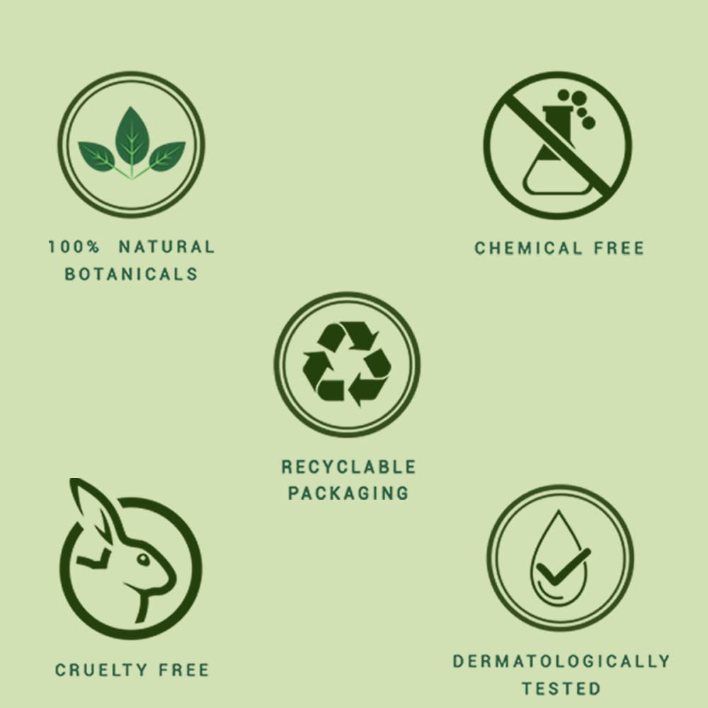 Set of green icons representing natural, chemical-free, recyclable packaging, cruelty-free, and dermatologically tested products on a light green background.