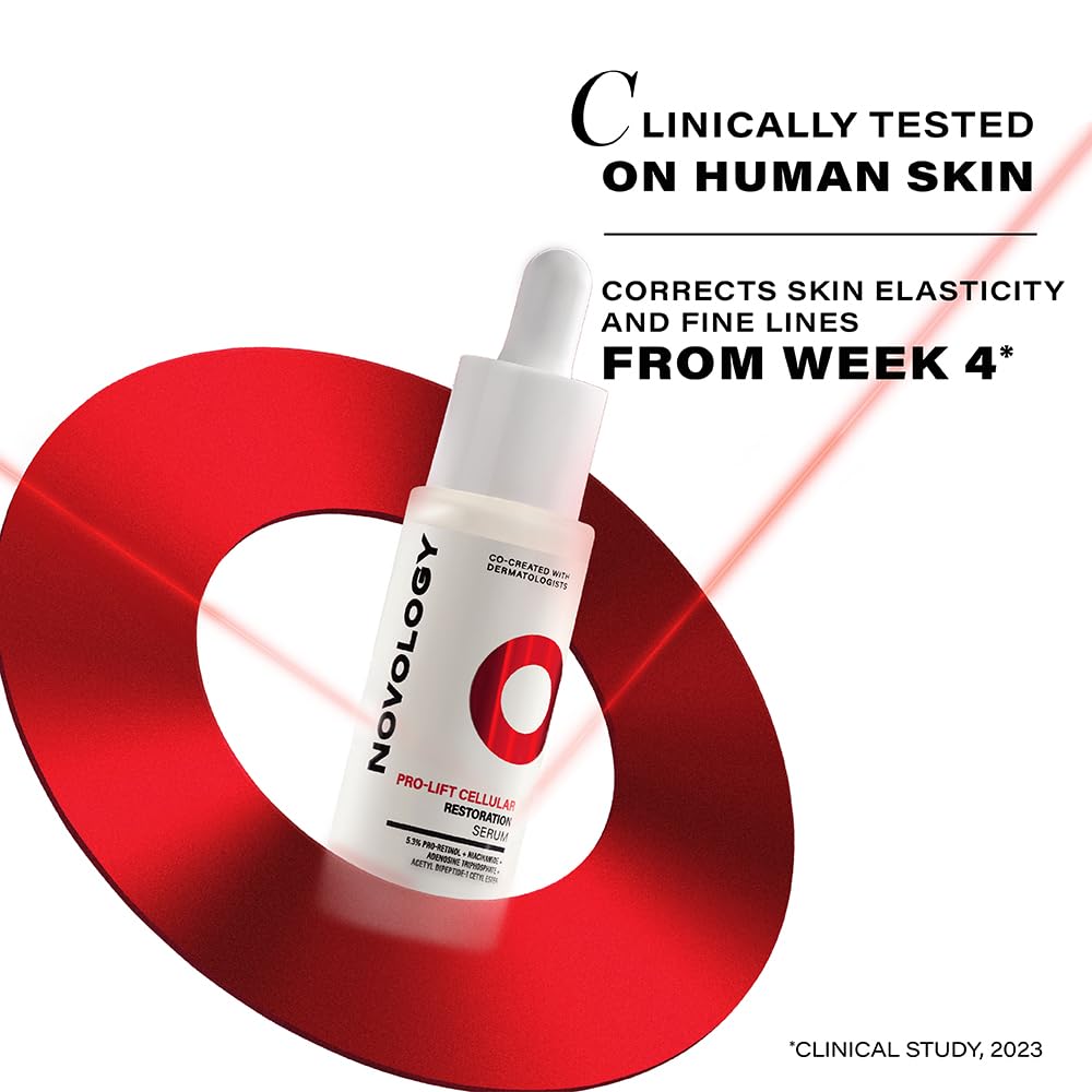 Novology skincare serum bottle with red circular design on a white background