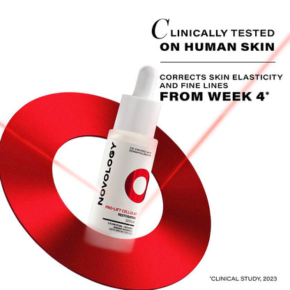 Novology skincare serum bottle with red circular design on a white background