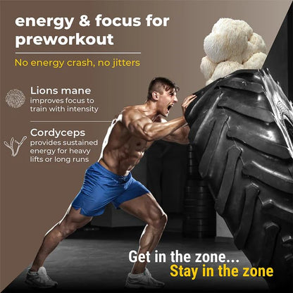 Man pushing a large tire with text about energy and focus for preworkout supplements.