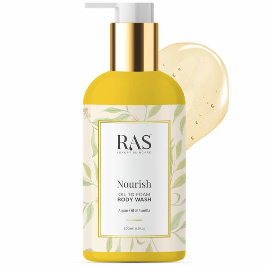 RAS Luxury Oils Nourish Hydrating & Purifying Body Wash,Sulphate Free,Moroccan Argan Oil & vanilla; Purifies & hydrates; Oil to foam body wash; For Men & Women; 200ml