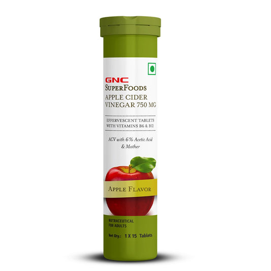 Zephivo GNC Apple Cider Vinegar Effervescent Tablets | 750mg ACV With The Mother | Supports Weight Loss | Healthy Gut & Digestion | With 6% Acetic Acid, Vitamin B6 & B12 | Apple Flavor - 15 Tablets