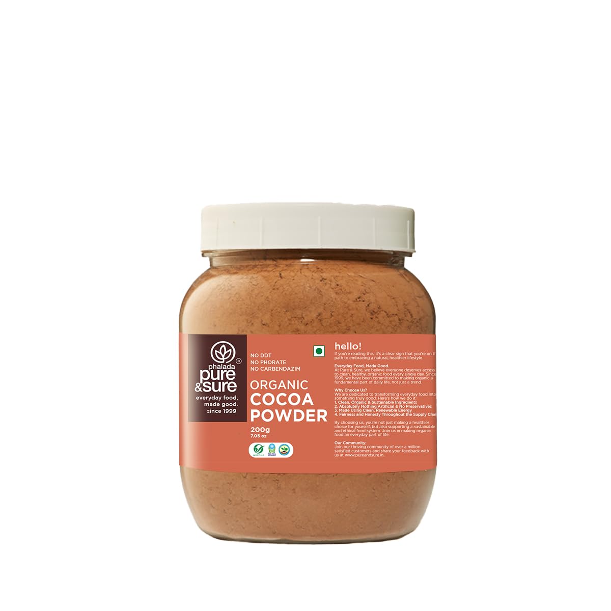 Pure & Sure Organic Cocoa Powder 200G | 100% Pure & Natural with 18.7g Protein| Unsweetened & Dark Flavor | Ideal for Cake, Baking, Hot Chocolate, Milkshake & More