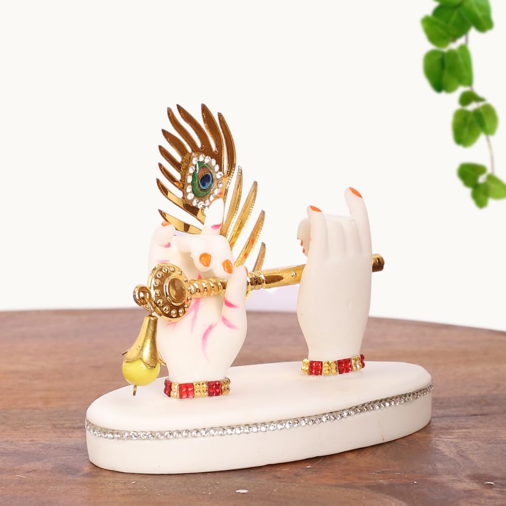 Resin Radha Krishna Idol Hands with Golden Flute & Peacock Feather | for Table, Home D�cor Item
