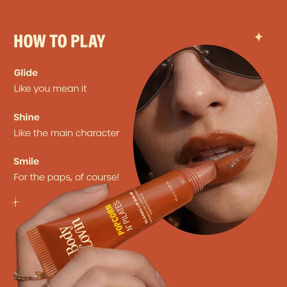 Plum BodyLovin’ Popcorn N' Pilates Glassic Lip Balm | Caramel Brown Gloss Tint | Hydrating Lip Balm with Hazelnut Oil, Ceramides & Hyaluronic Acid | Moisturizes Dry & Chapped Lips | 10 g
