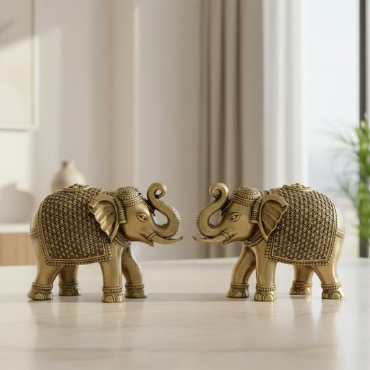 Set of 2 Brass Elephant Statue Decorative Showpiece Gift for Diwali Housewarming Birthday | Elephant showpiece for Home Decor