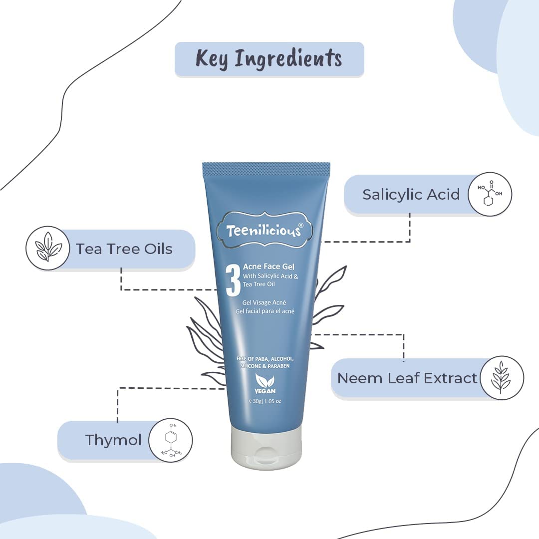 Teenilicious Acne Face Gel With 2% Salicylic Acid & Tea Tree Oil | Acne Face Gel For Men & Women | Face Gel For Blackheads & Whiteheads | For Oily Skin To Clear Skin Pores - 30gm