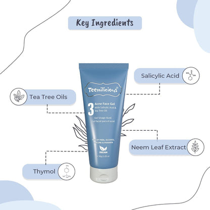 Teenilicious Acne Face Gel With 2% Salicylic Acid & Tea Tree Oil | Acne Face Gel For Men & Women | Face Gel For Blackheads & Whiteheads | For Oily Skin To Clear Skin Pores - 30gm