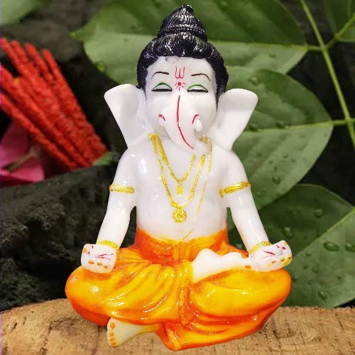 Beautiful Vinayak Ji Statue Best for Home & Office Decor Size (Flute Vinayak) (Meditation Ganesha Orange)