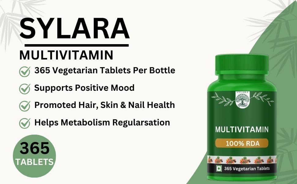 Sylara Plant Based Multivitamin -365 Capsules with Vit A, B1, B2, B3, B4, B5, B7, B6, B9 ,B12, C, D, E, K2 for Men & Women - Supports Immunity, Superfood Detox Boosts Energy - Greens, Herbs, Fruits & Vegetables Tablets Supplements