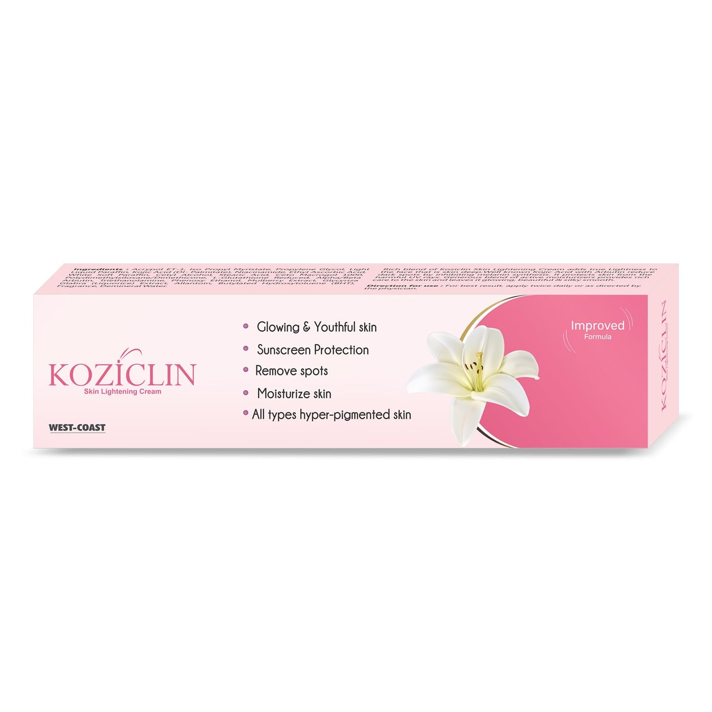 Koziclin skin lightening cream packaging with a pink background and white flower graphic.