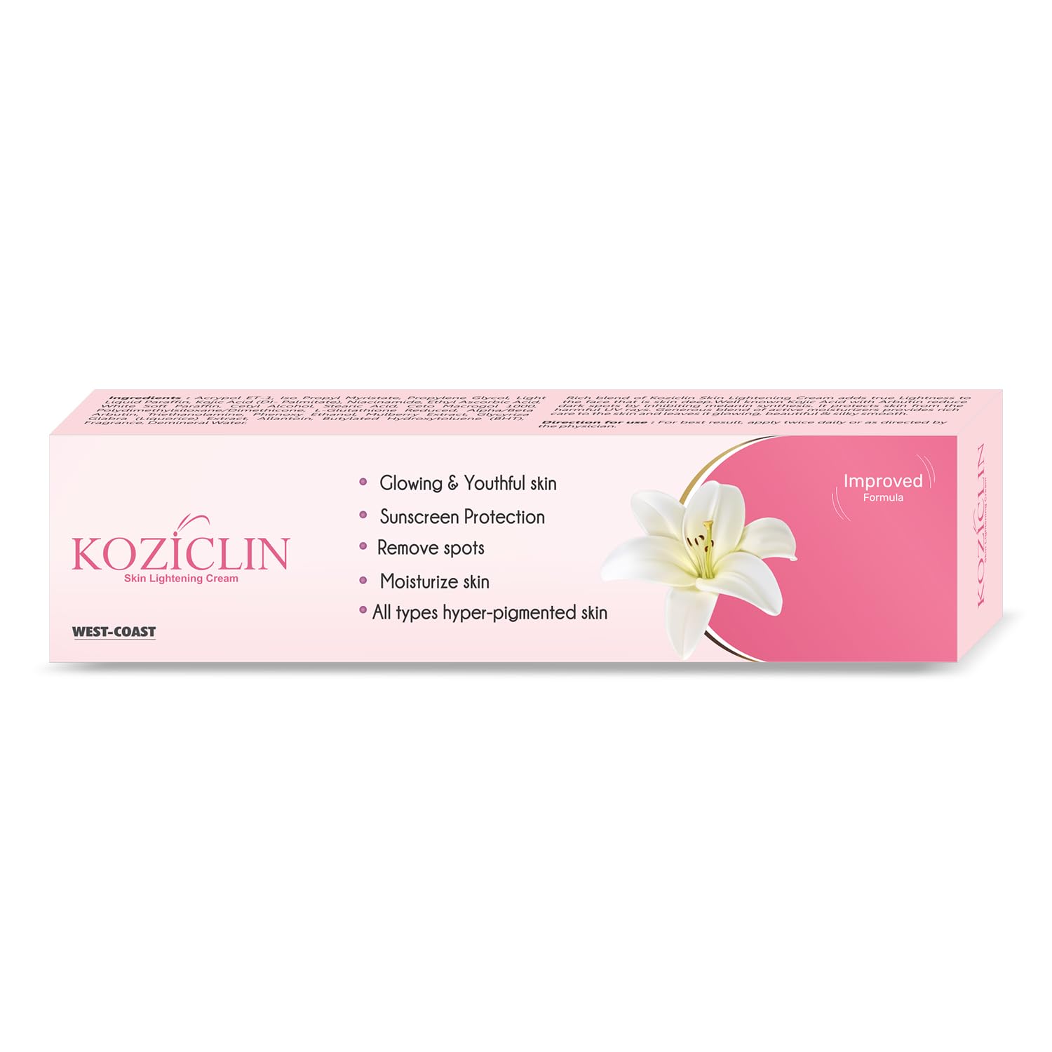 Koziclin skin lightening cream packaging with a pink background and white flower graphic.