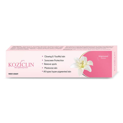 Koziclin skin lightening cream packaging with a pink background and white flower graphic.