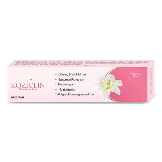 Koziclin skin lightening cream packaging with a pink background and white flower graphic.