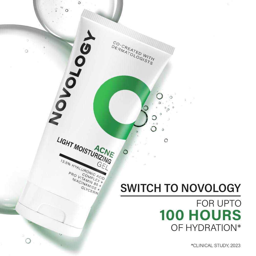 Novology acne light moisturizing gel packaging on a white background with promotional text.