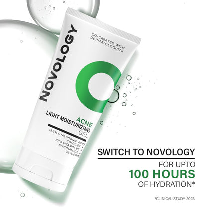 Novology acne light moisturizing gel packaging on a white background with promotional text.
