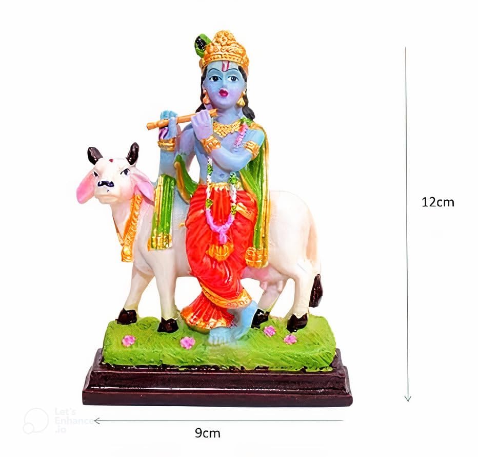 Lord Krishna Idol with Cow | Resin Figurine | Multicolour | Handcrafted | Home Decor and Spiritual Gift